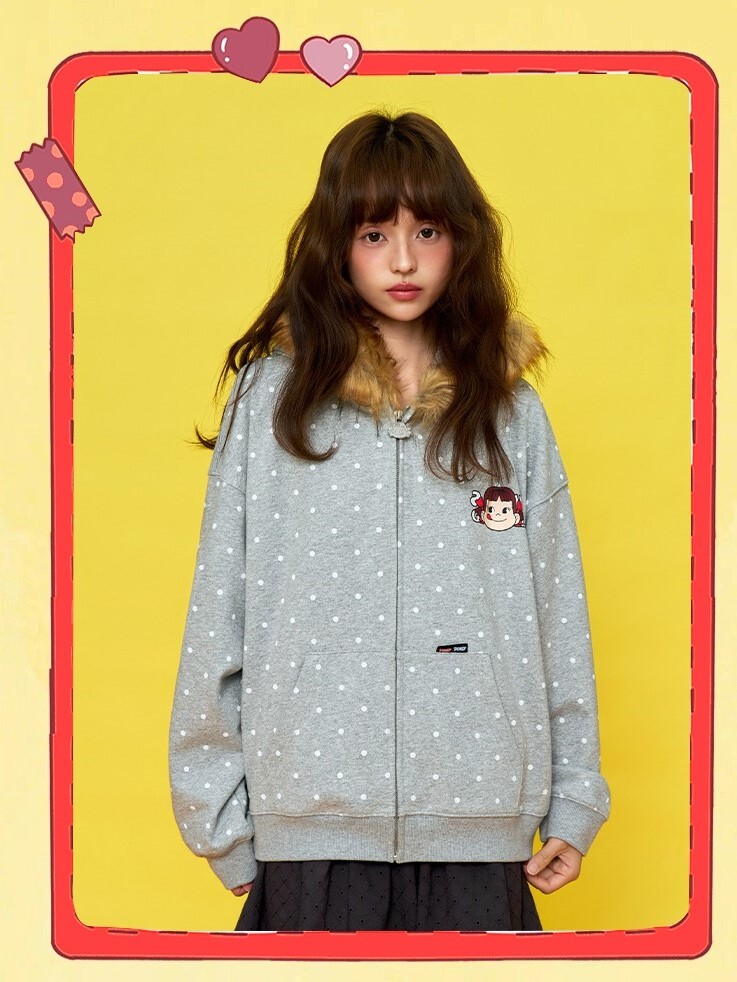 AFGK x 不二家 點點印花 胸前人物Logo 毛領連帽 外套  A FEW GOOD KIDS