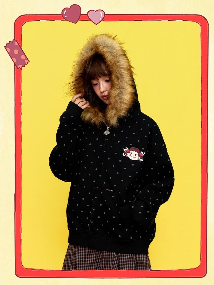 AFGK x 不二家 點點印花 胸前人物Logo 毛領連帽 外套  A FEW GOOD KIDS