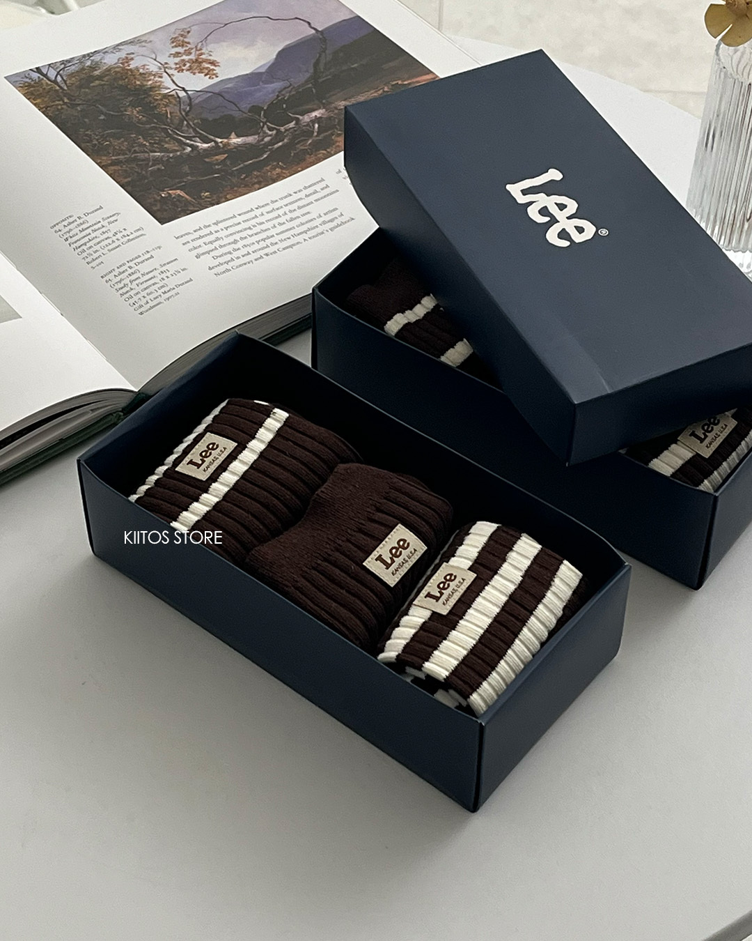 【現貨】Lee 復古條紋 咖啡色 棕色 Logo 盒裝 襪子 三件組