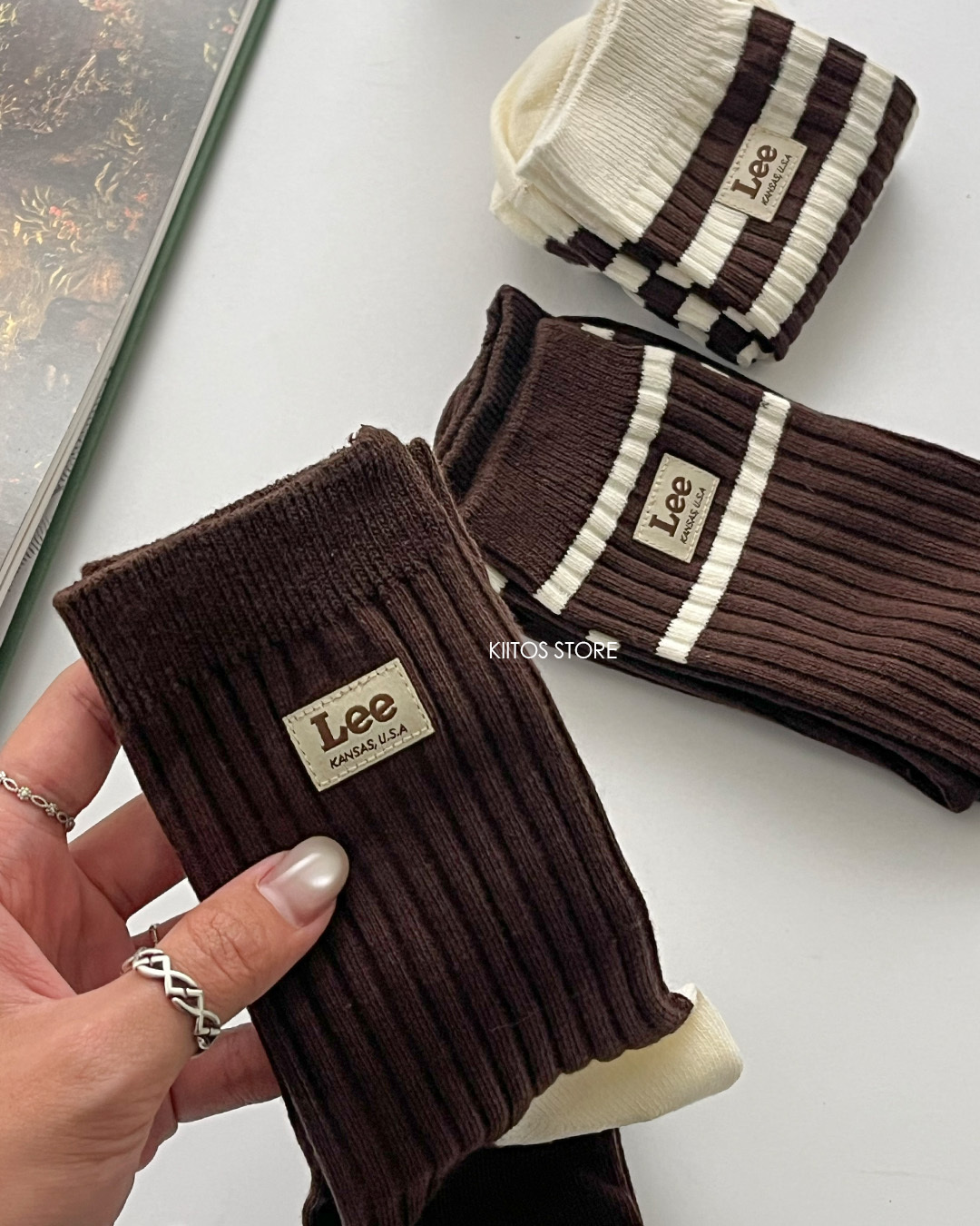 【現貨】Lee 復古條紋 咖啡色 棕色 Logo 盒裝 襪子 三件組