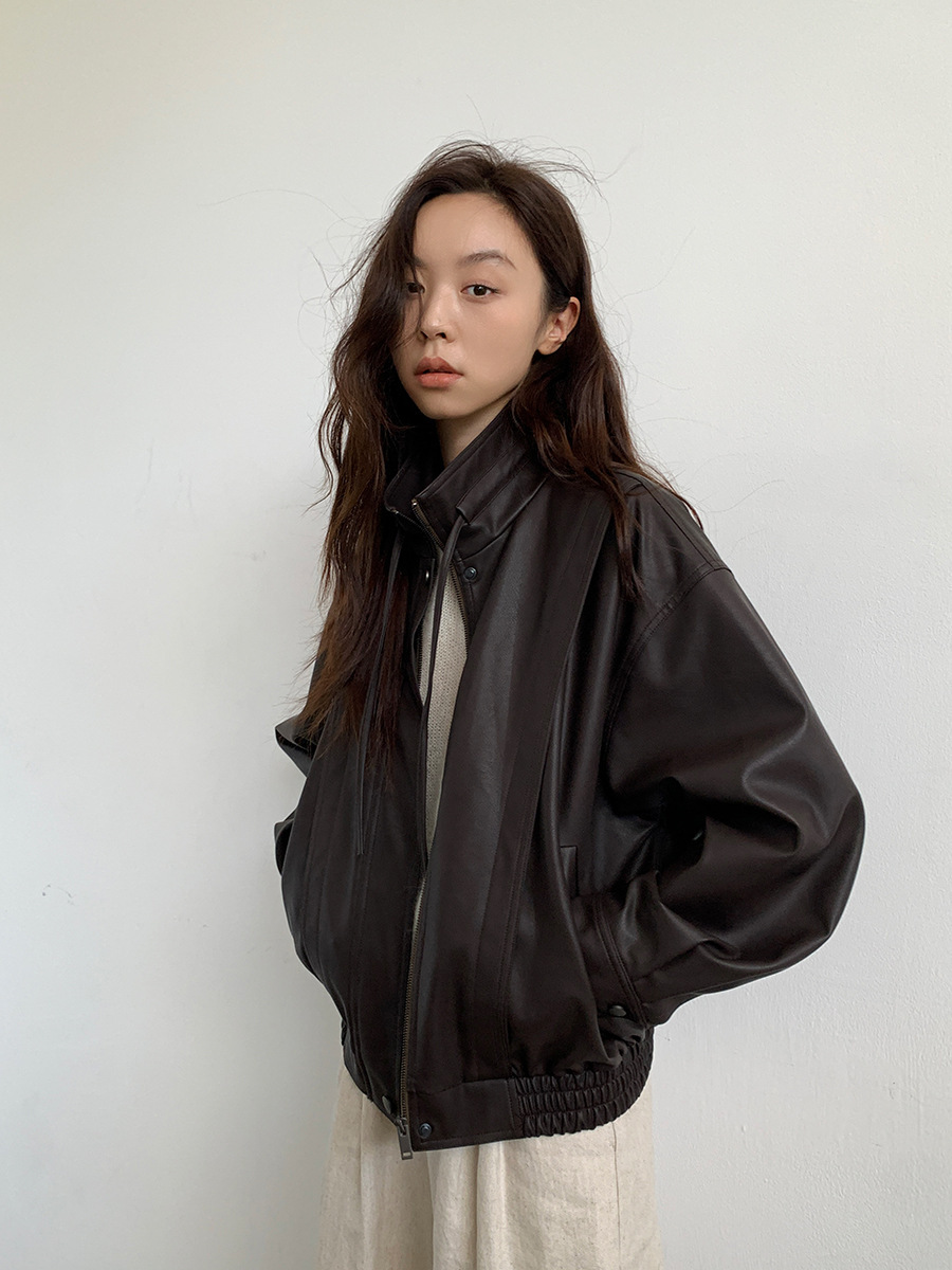 12W02 立領抽繩綁帶皮衣外套 兩色