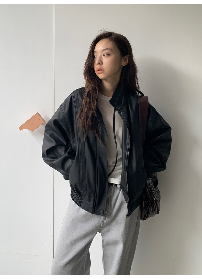 12W02 立領抽繩綁帶皮衣外套 兩色