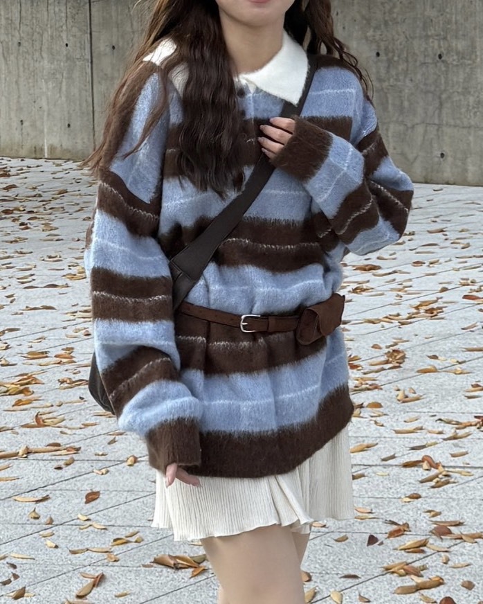 <快速> NV03 POLO領條紋針織上衣 兩色