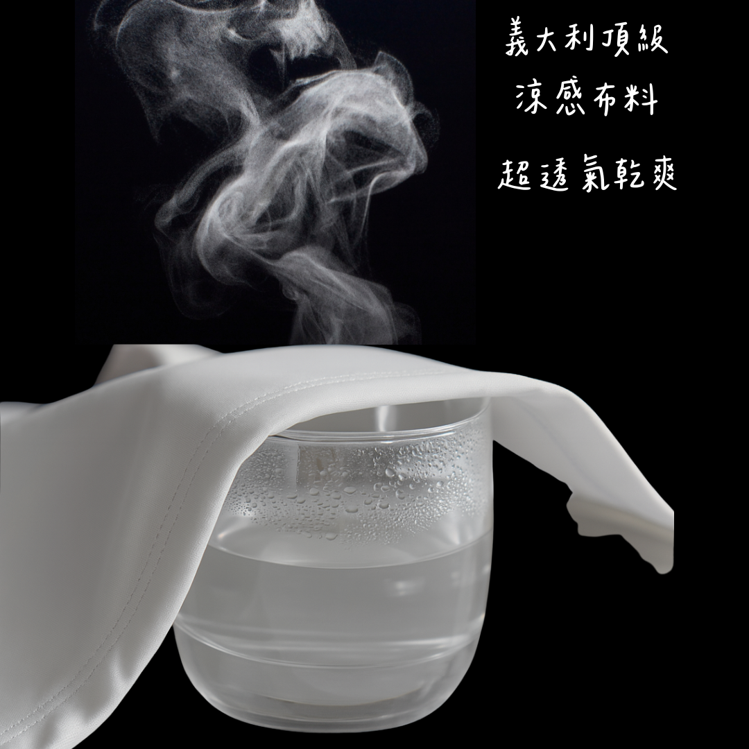 白色機能布料覆蓋熱水杯展示透氣與速乾效果的示意圖