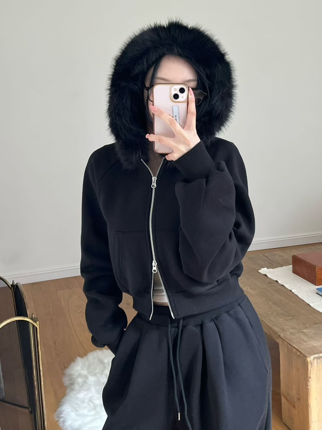 毛毛內刷毛連帽短外套  長褲(分售)