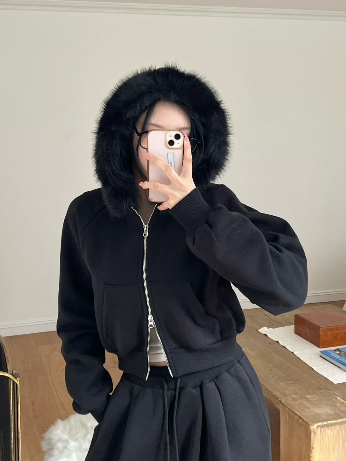 毛毛內刷毛連帽短外套  長褲(分售)