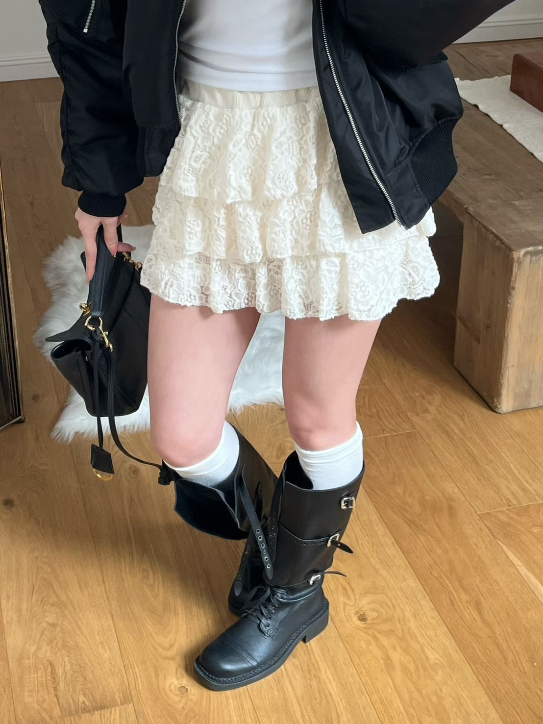 花蕾絲三層蛋糕短褲裙