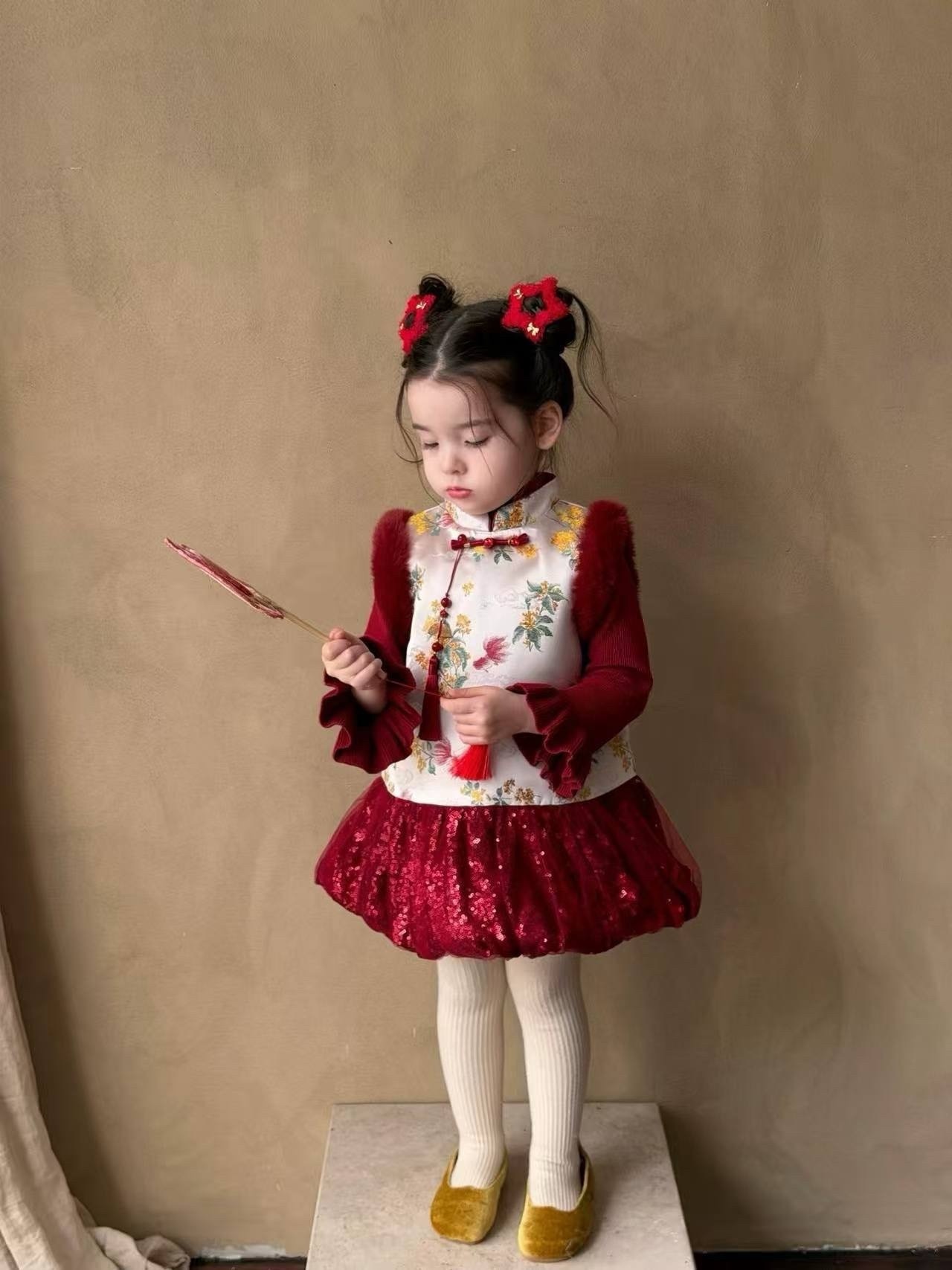 中式提花蓬蓬旗袍背心裙/內搭紅色毛衣