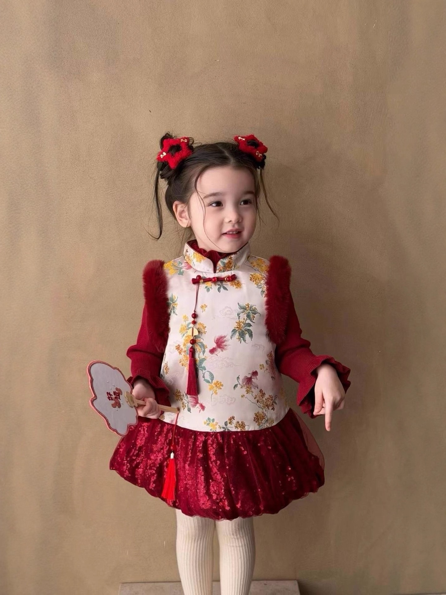 中式提花蓬蓬旗袍背心裙/內搭紅色毛衣