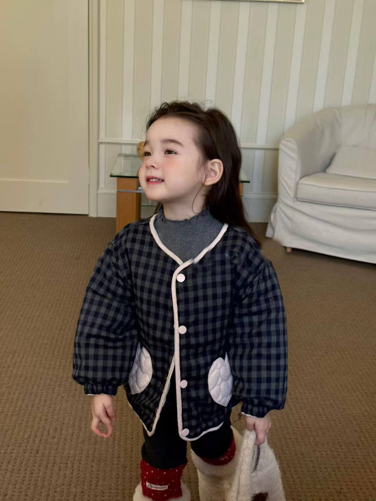 愛心格子夾棉加厚外套