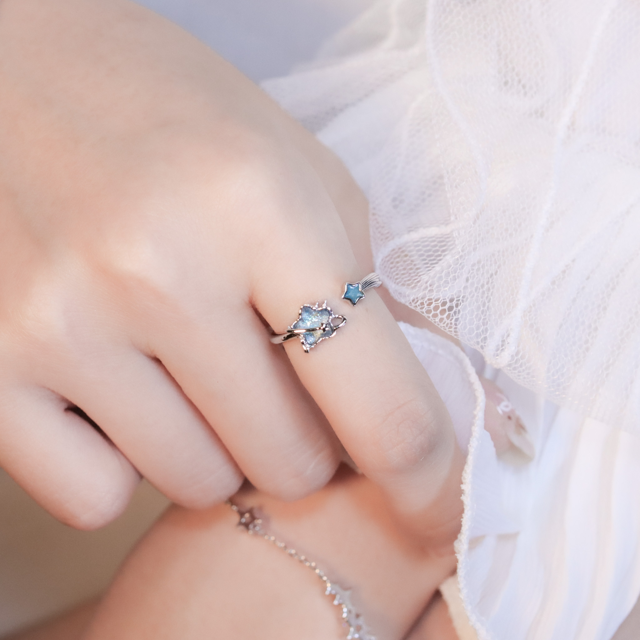 | 925純銀・ 厚鍍白金・琉璃 | 當星星轉動時戒指2.0 | RI0975|