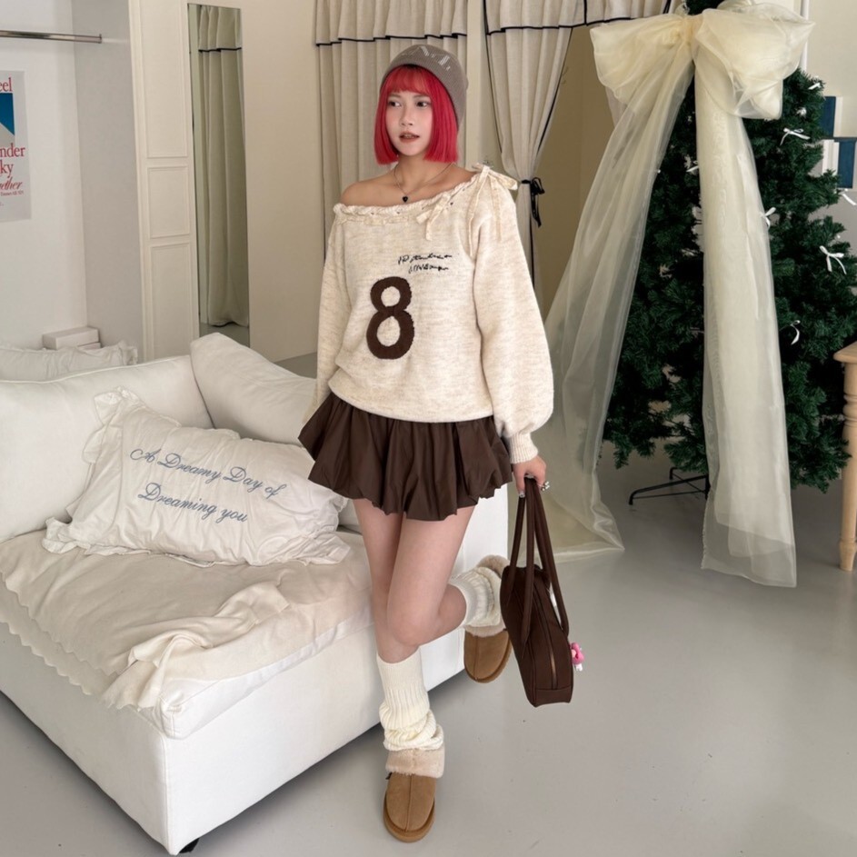 編織星期8 花苞滾邊斜肩針織毛衣