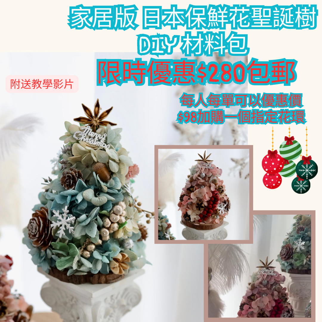 💢聖誕。期間限定🎄DIY 禮盒套裝🎁日本繡球保鮮花聖誕樹🎄送LED燈