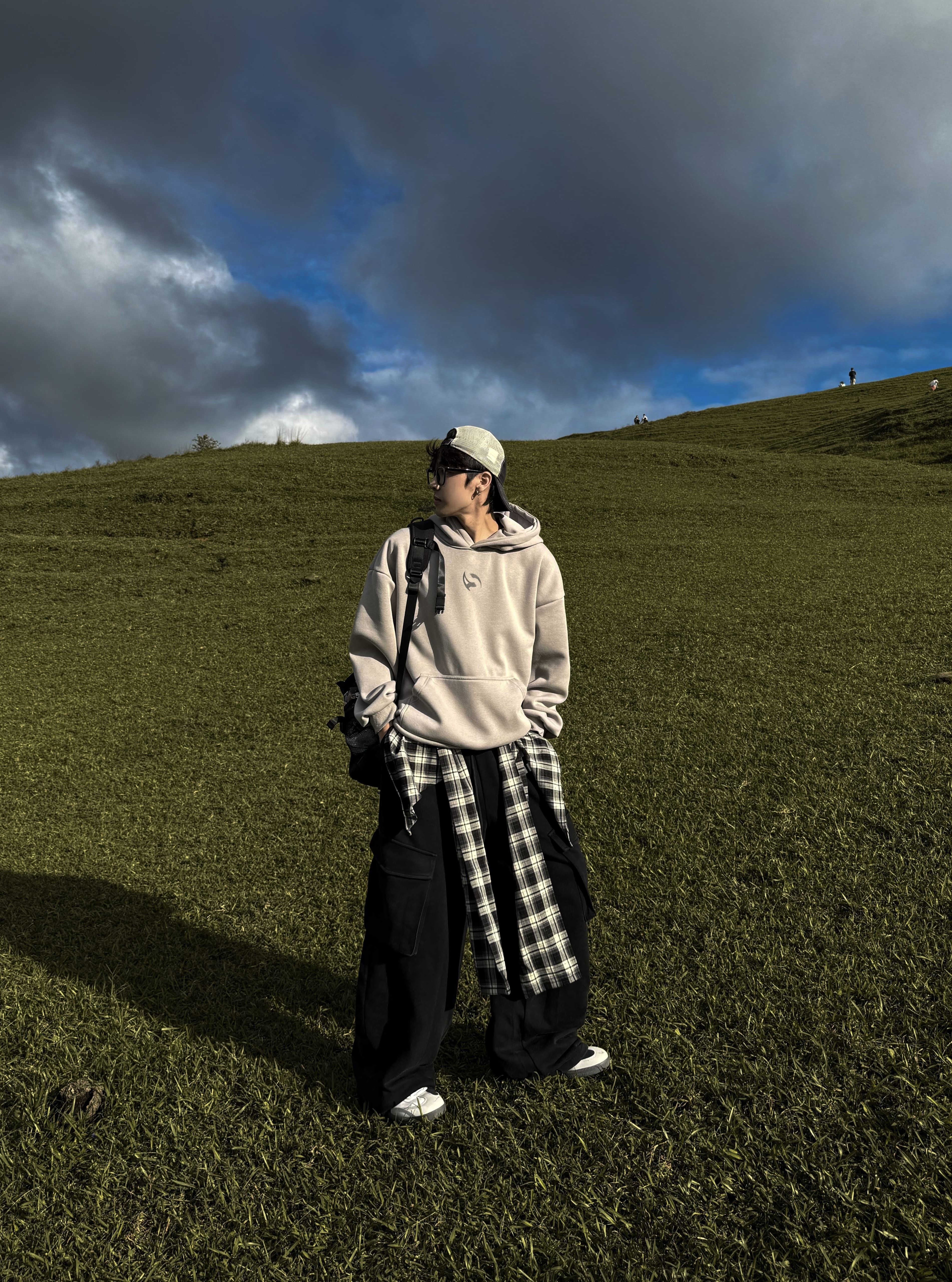 (現貨)街頭感格紋方巾寬褲 可拆式