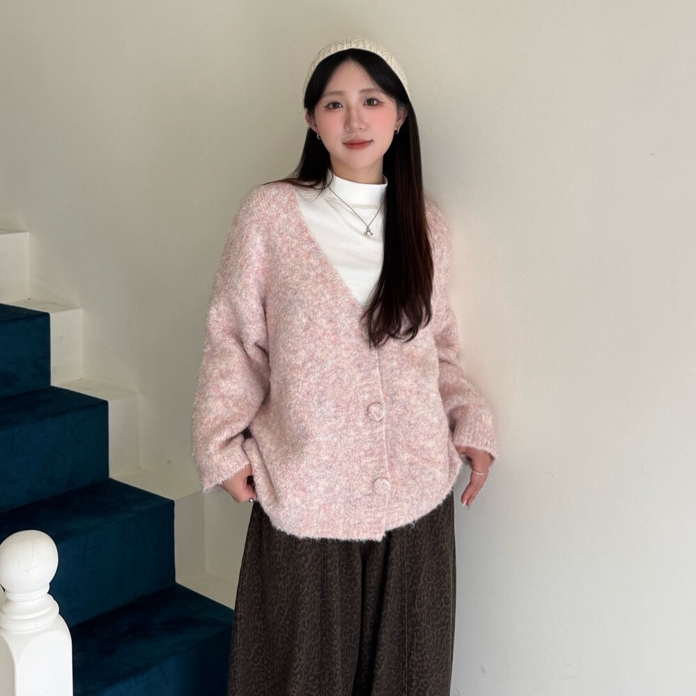 粉蜜藍莓 Q包釦混織毛衣雙色罩外