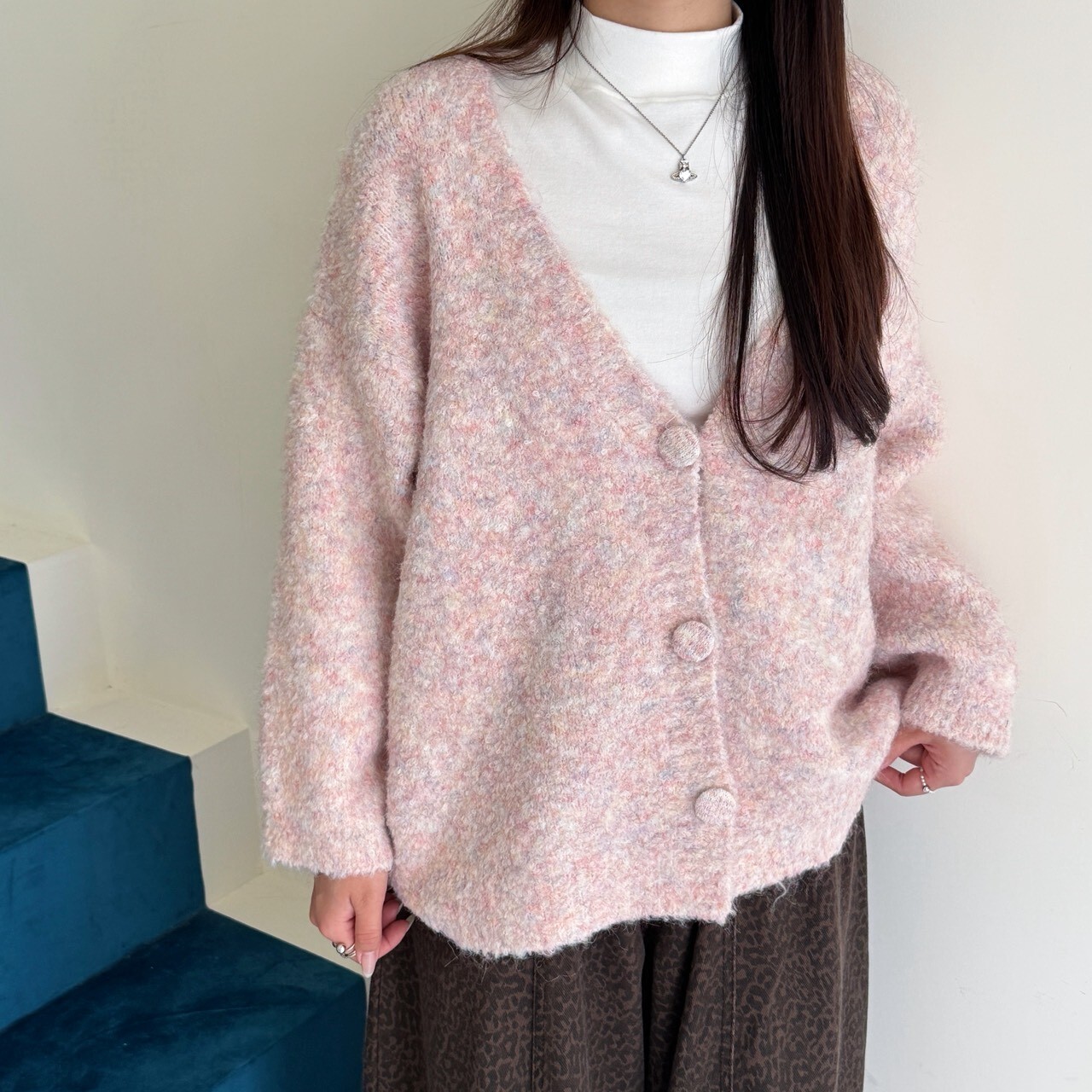 粉蜜藍莓 Q包釦混織毛衣雙色罩外