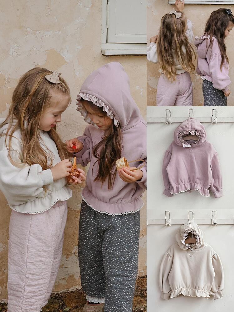 韓系 花邊碎花外穿保曖連帽加絨衛衣