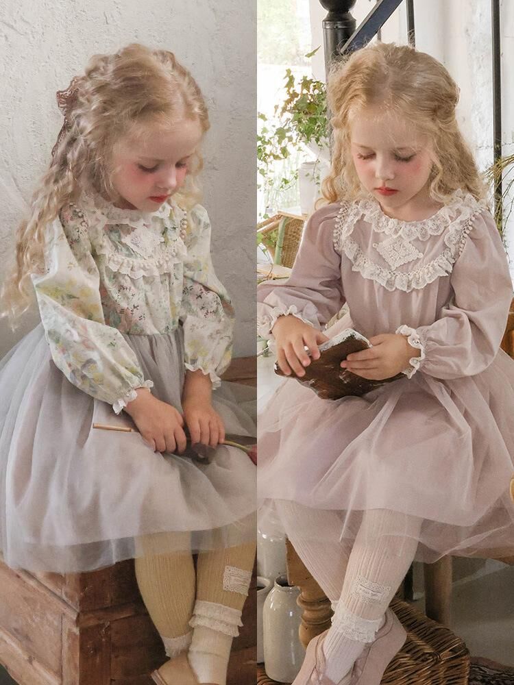 韓系 蕾絲邊甜美碎花網紗連衣裙