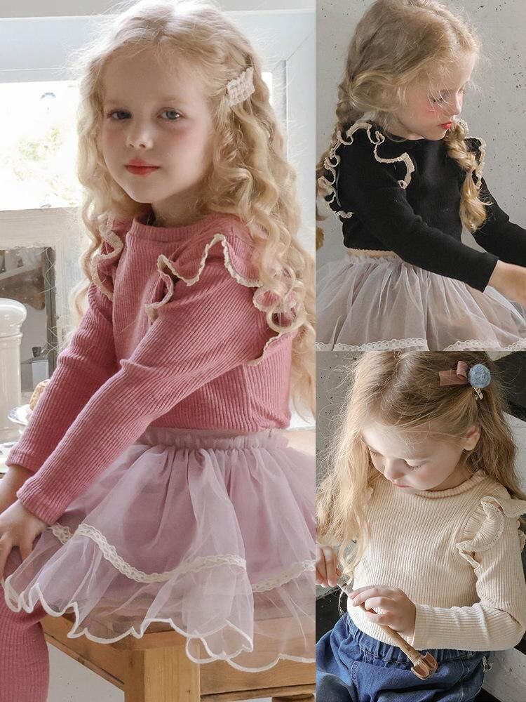 韓系 可愛飛邊修身純色長袖打底衫