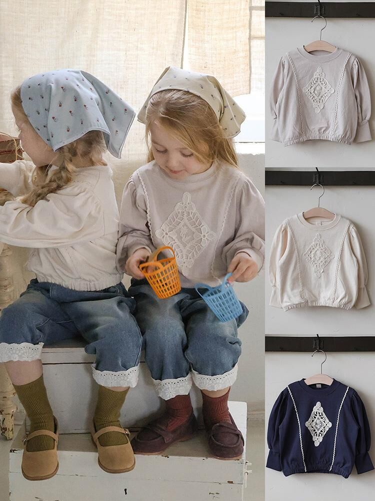 韓系 鏤空刺繡花邊圓領寬鬆長袖