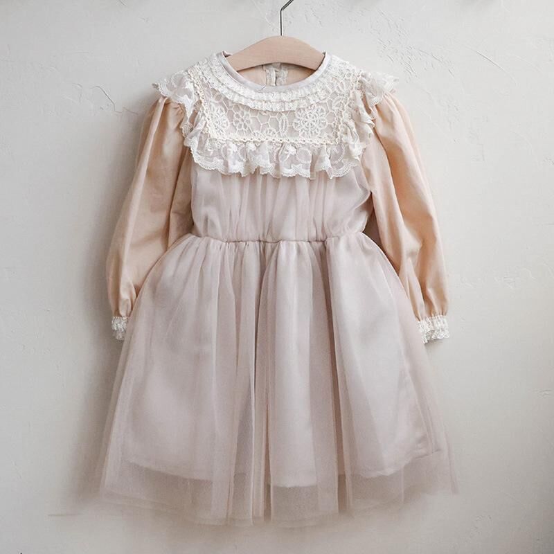 韓系 蕾絲花邊蓬蓬網紗長袖公主裙