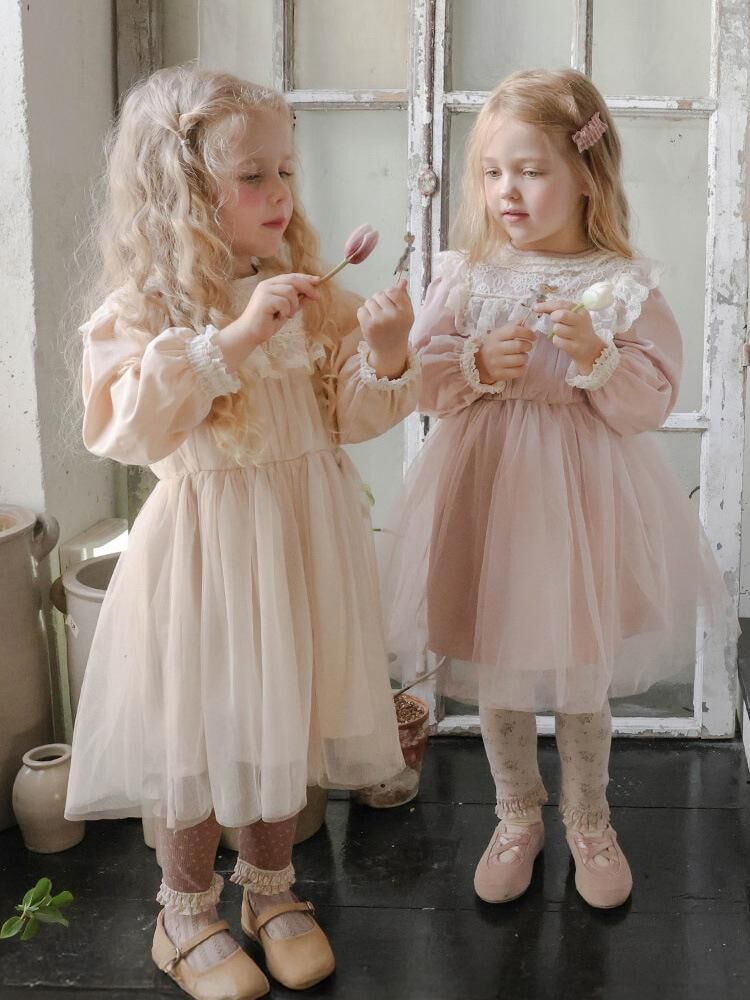 韓系 蕾絲花邊蓬蓬網紗長袖公主裙