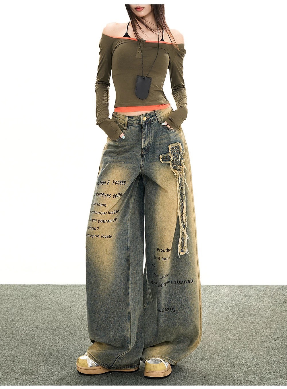 廢土風十字架牛仔寬褲