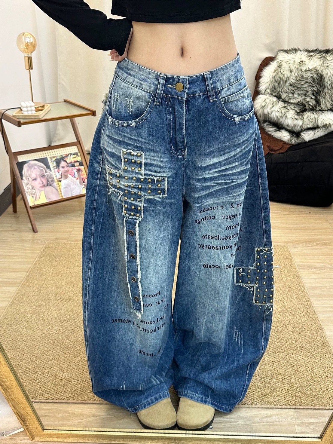 廢土風十字架牛仔寬褲
