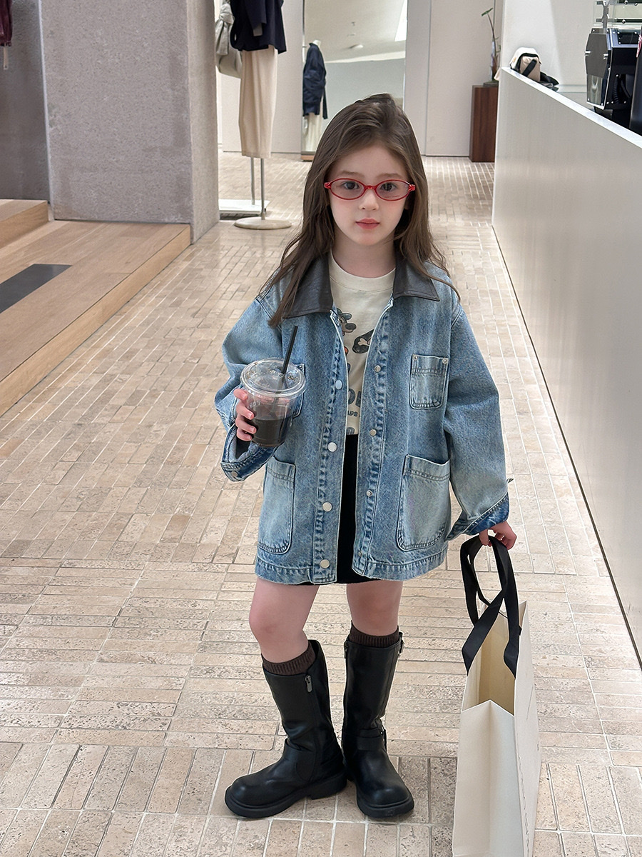 個性拼接皮領牛仔外套