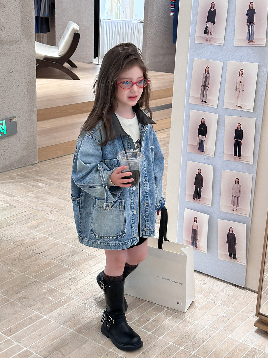 個性拼接皮領牛仔外套