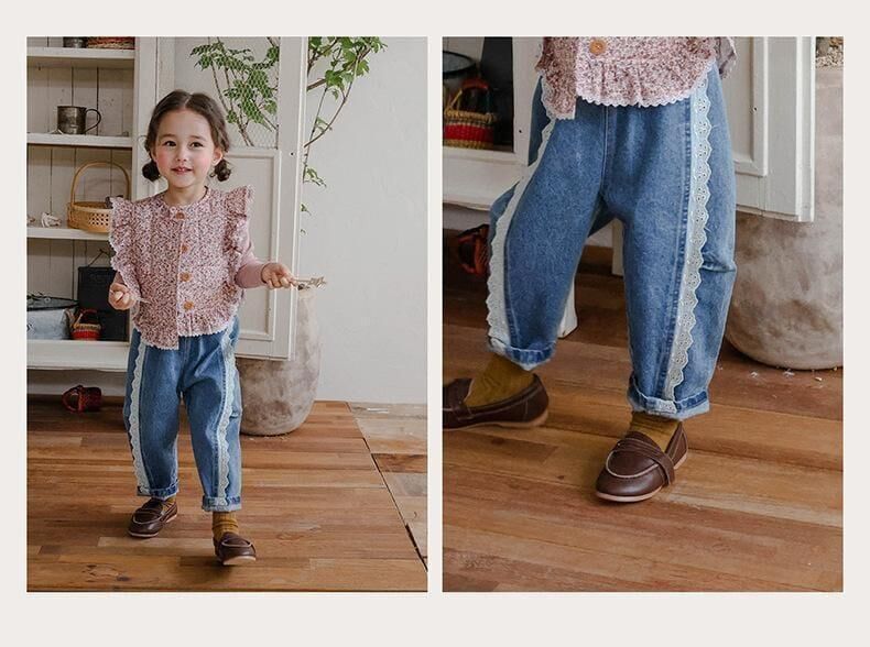 韓系 蕾絲花邊休閒直筒牛仔褲