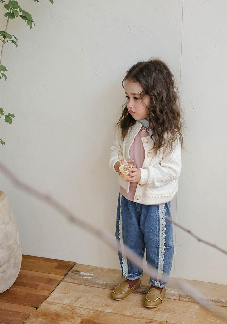 韓系 蕾絲花邊休閒直筒牛仔褲