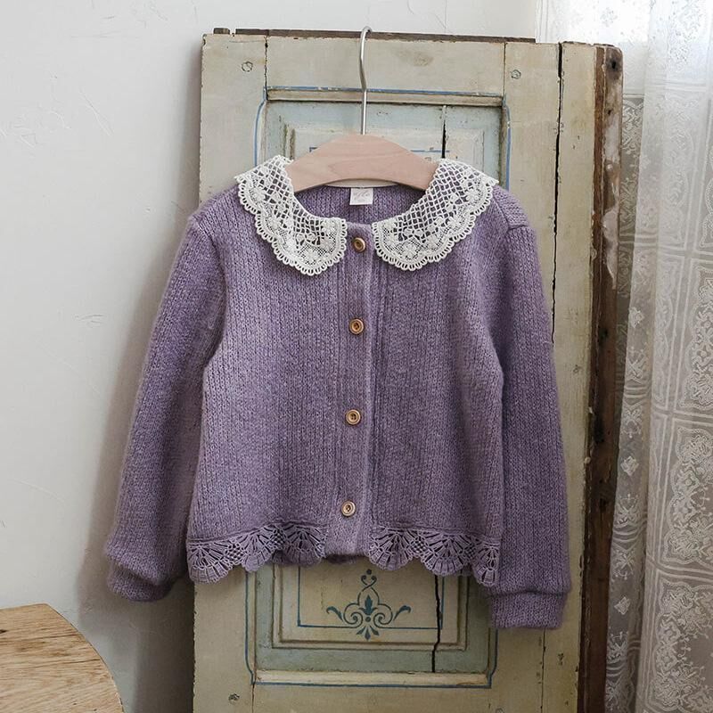 韓系 鏤空刺繡花邊短款針織開衫外套