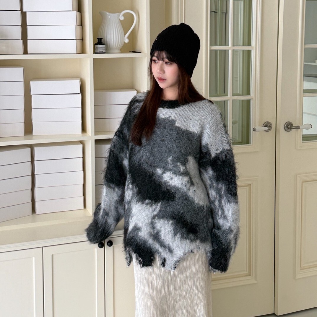 暮色松河 不規則色塊抓破寬鬆毛衣