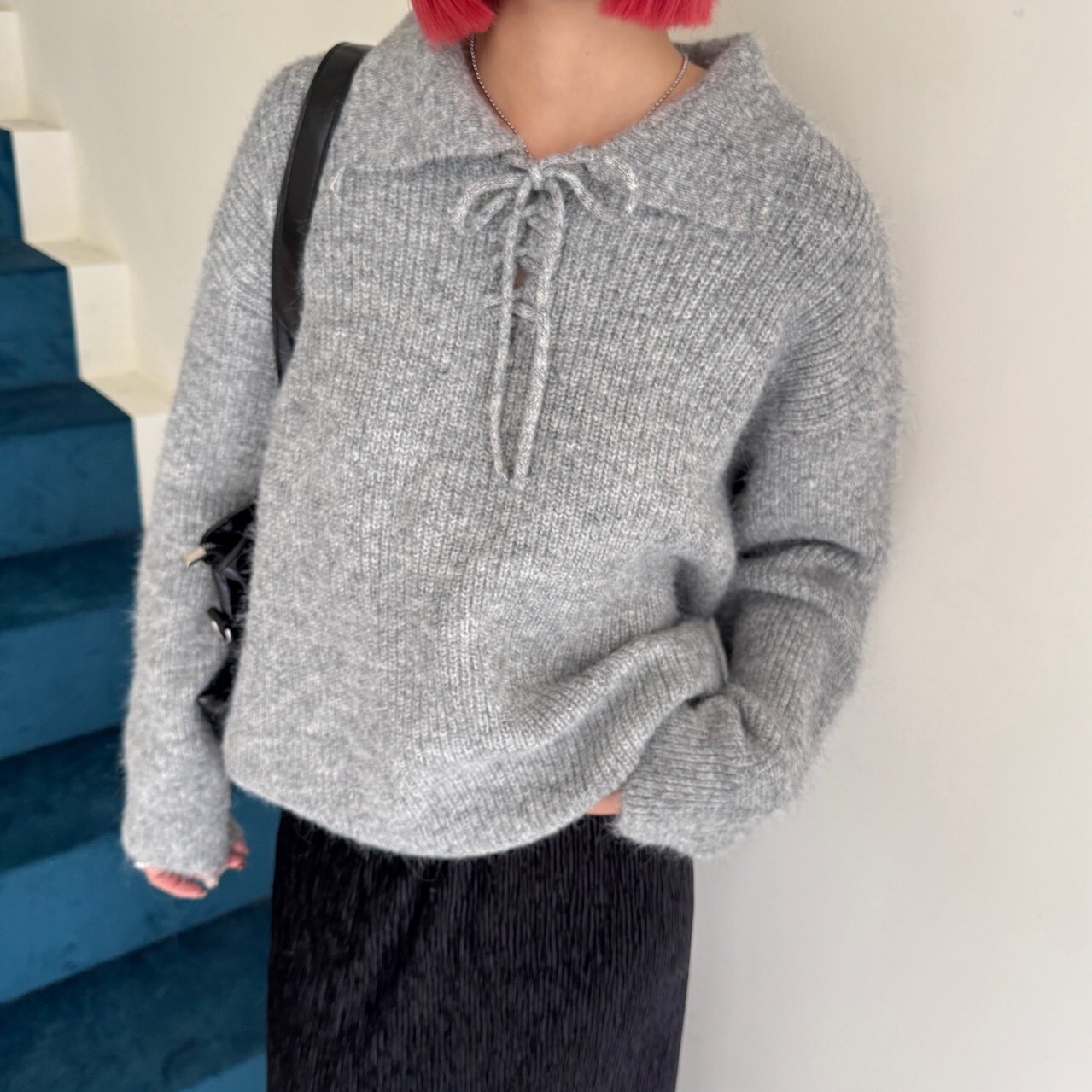 風車霜島 POLO領前綁蝴蝶結毛衣