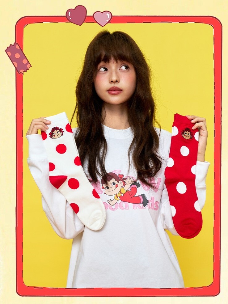 AFGK x 不二家 圓點 人物刺繡  雙色長襪  A FEW GOOD KIDS