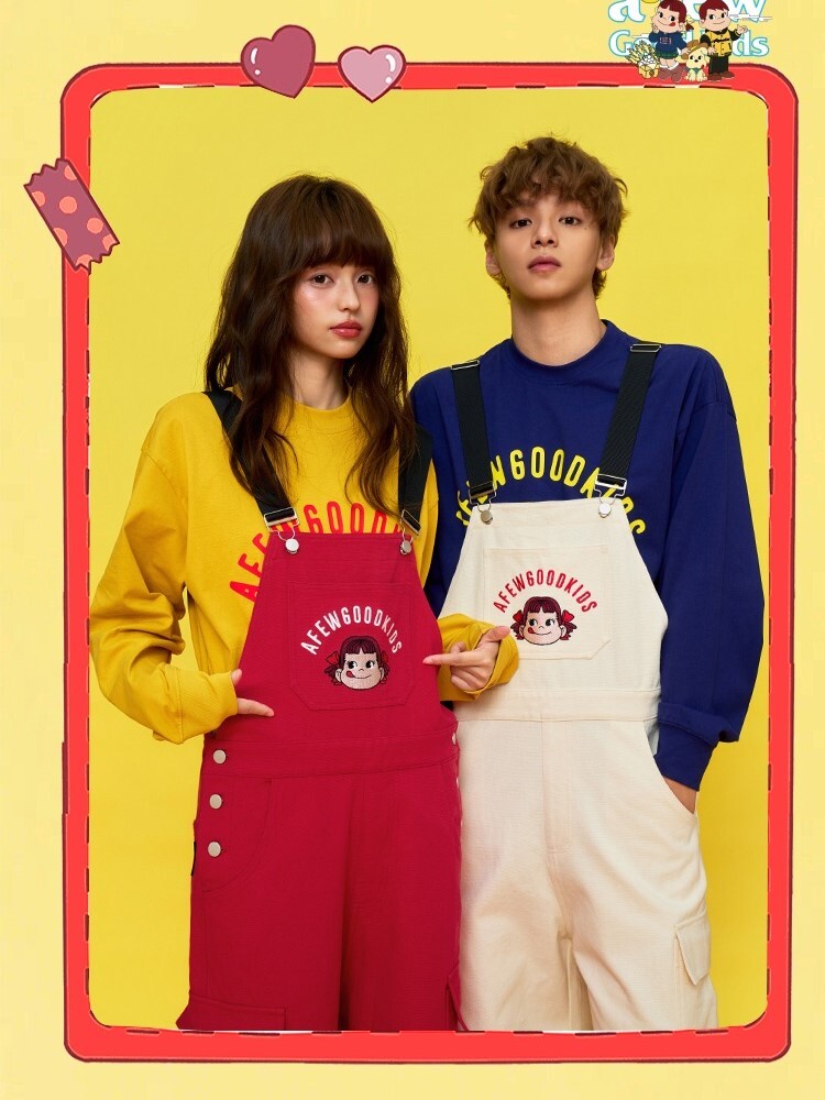 AFGK x 不二家 人物刺繡 寬鬆垂墜感 吊帶牛仔褲  A FEW GOOD KIDS