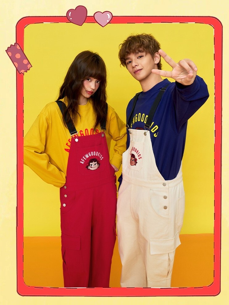 AFGK x 不二家 人物刺繡 寬鬆垂墜感 吊帶牛仔褲  A FEW GOOD KIDS