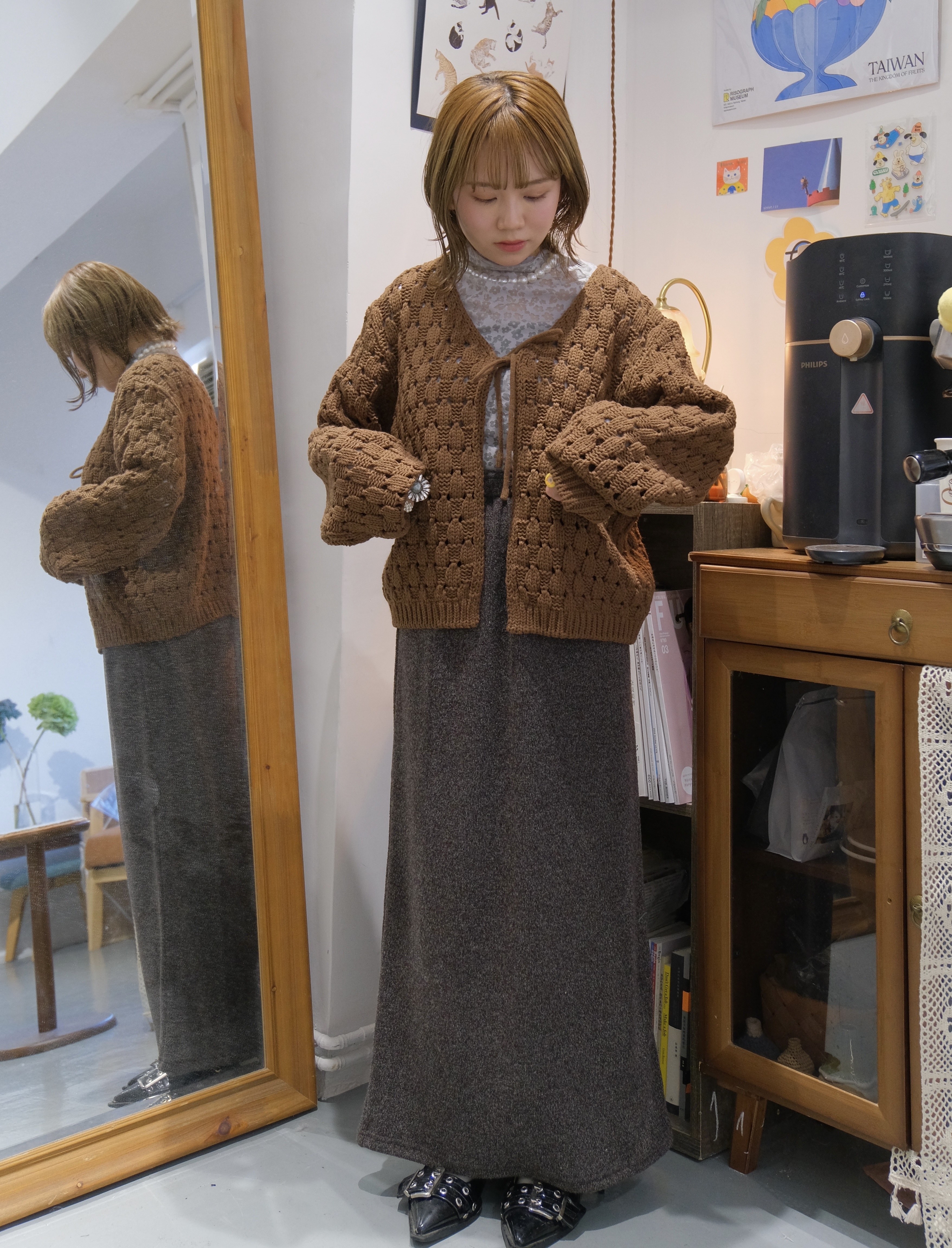 [4色入]粒粒針織RIBBON外套 (Brown/ Blue)