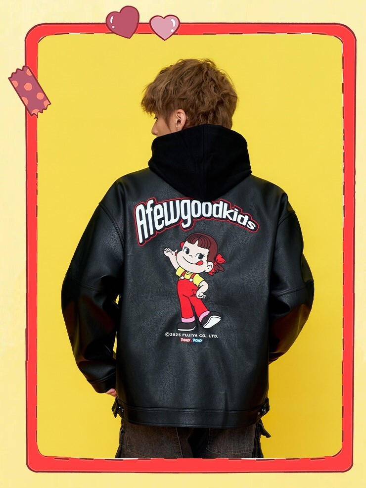 AFGK x 不二家 背後人物刺繡印花 翻領皮衣 夾克 外套  A FEW GOOD KIDS