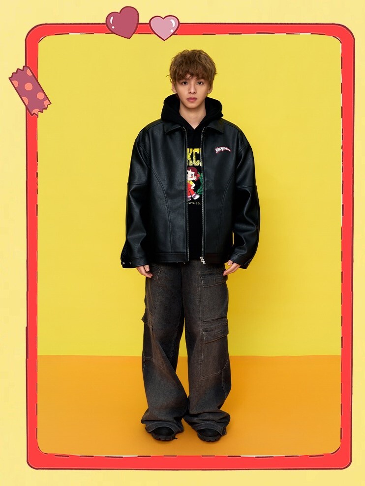 AFGK x 不二家 背後人物刺繡印花 翻領皮衣 夾克 外套  A FEW GOOD KIDS