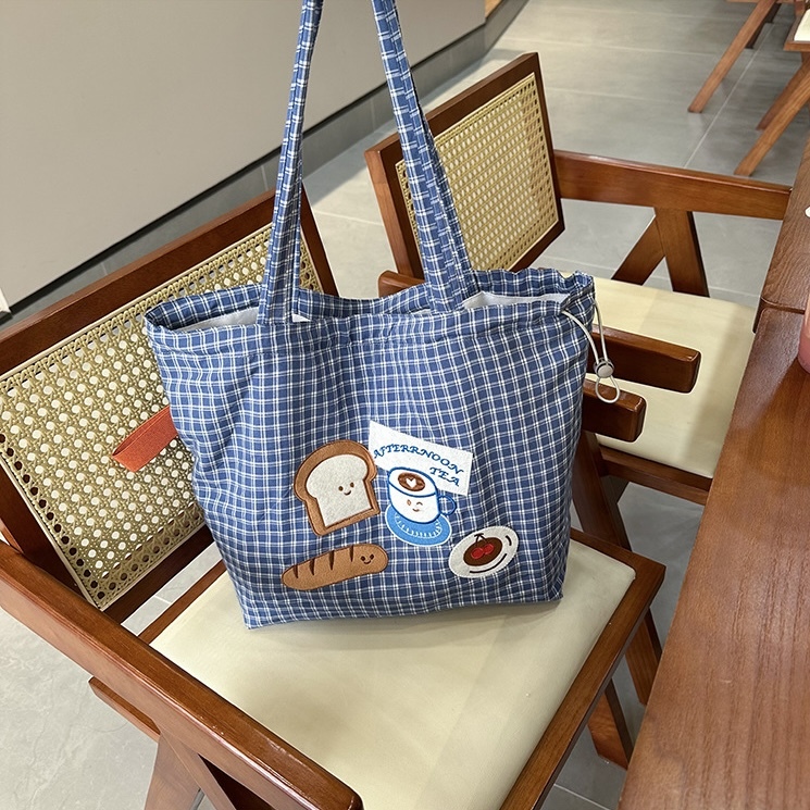 《11163》咖啡麵包藍系格紋帆布包