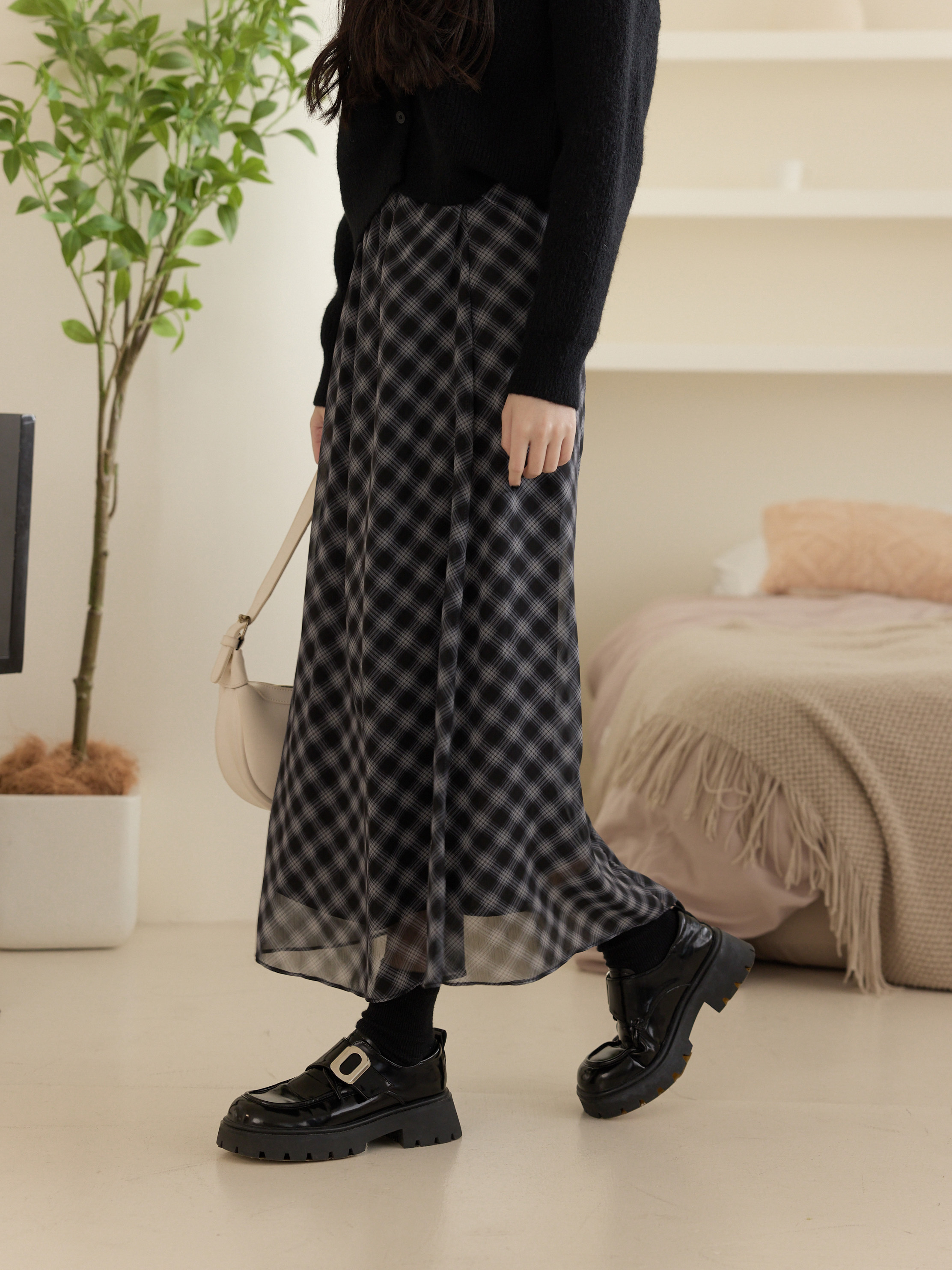 氣質雙層格紋飄逸長裙