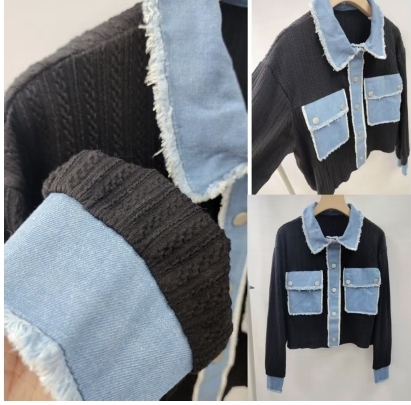 KE1737-OS0017拼牛仔扭紋外套胸42，長18