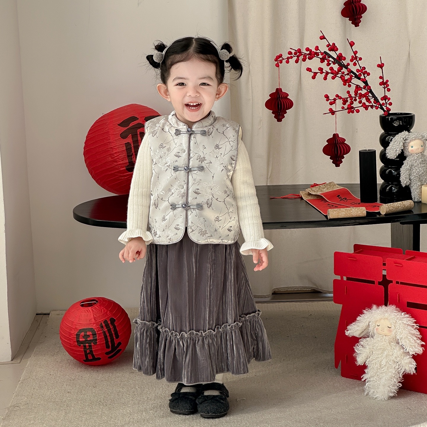 嫩嬰灰色古風背心+長裙/內搭上衣