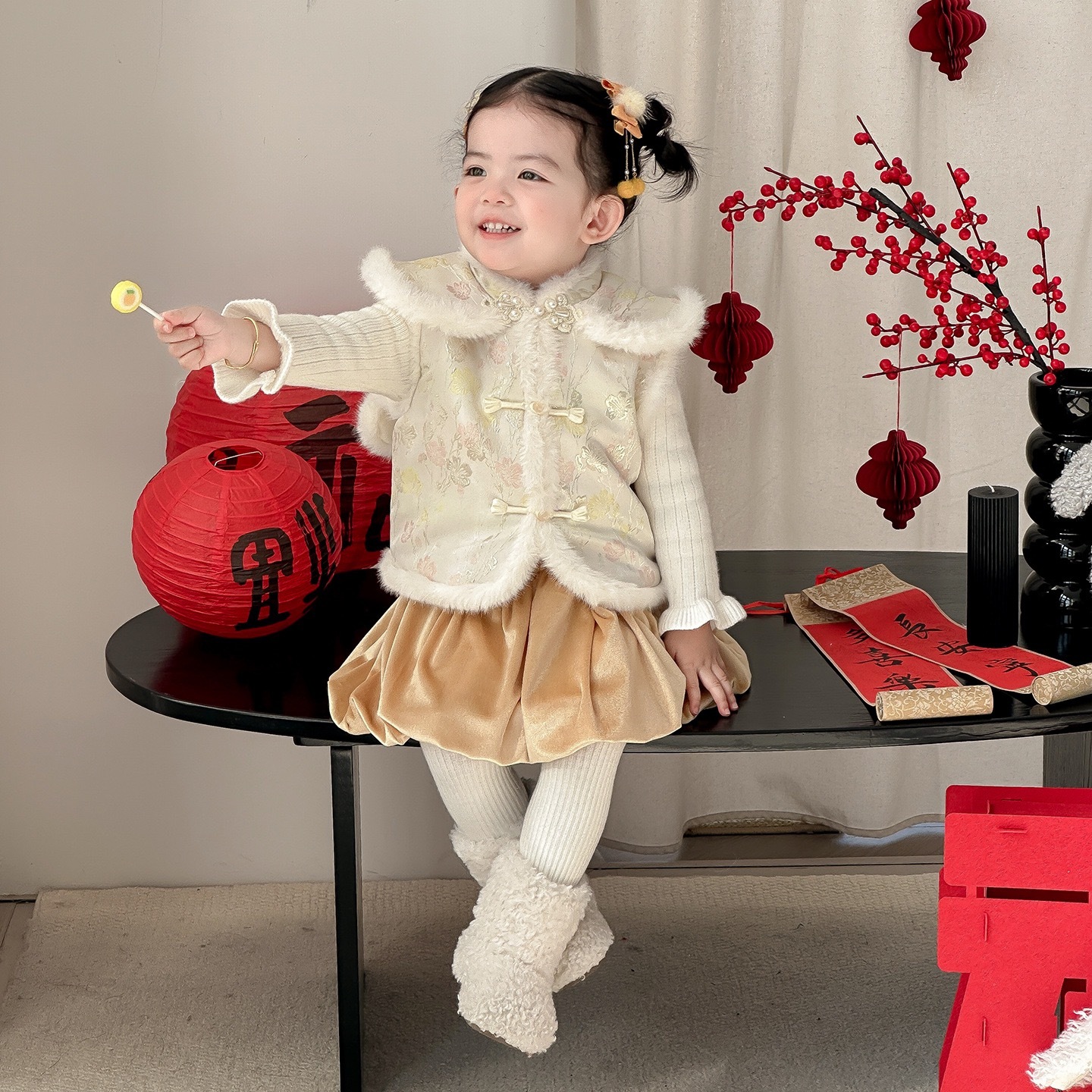嫩嬰加絨加厚兔子古風背心+裙子/內搭上衣