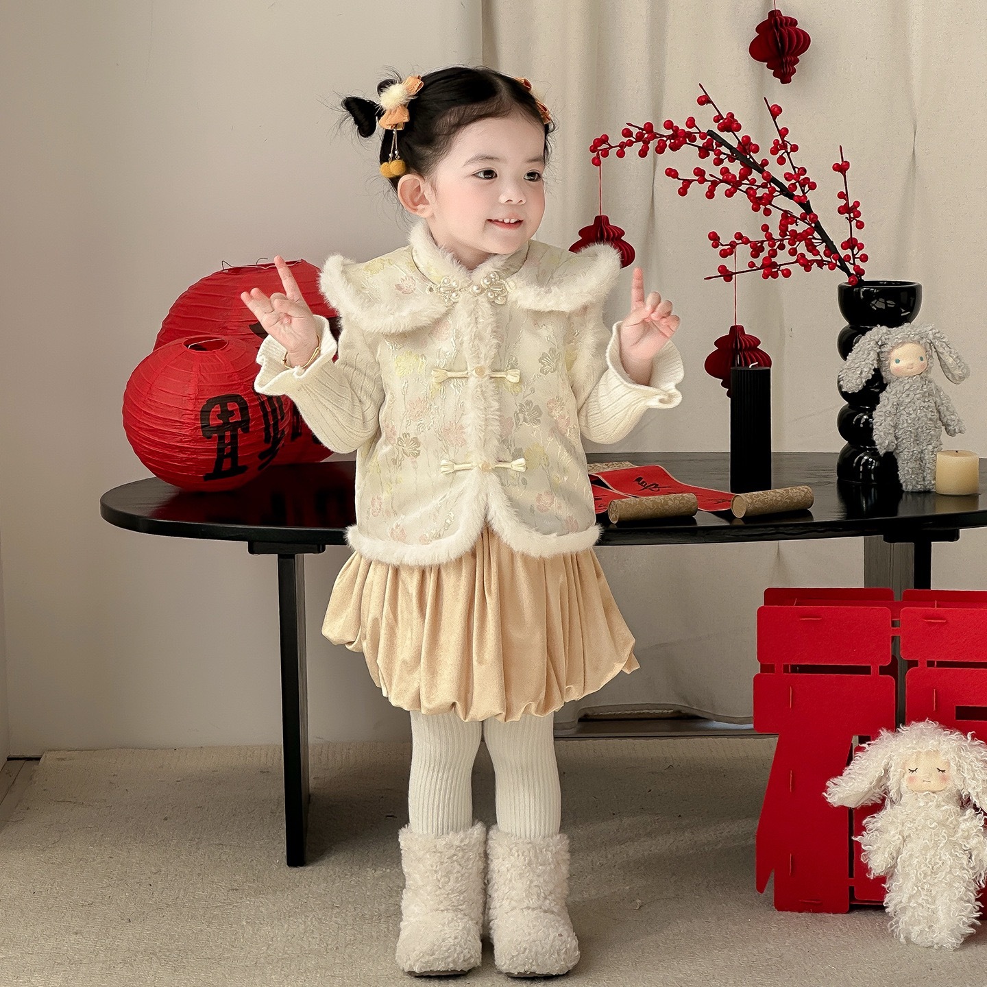 嫩嬰加絨加厚兔子古風背心+裙子/內搭上衣