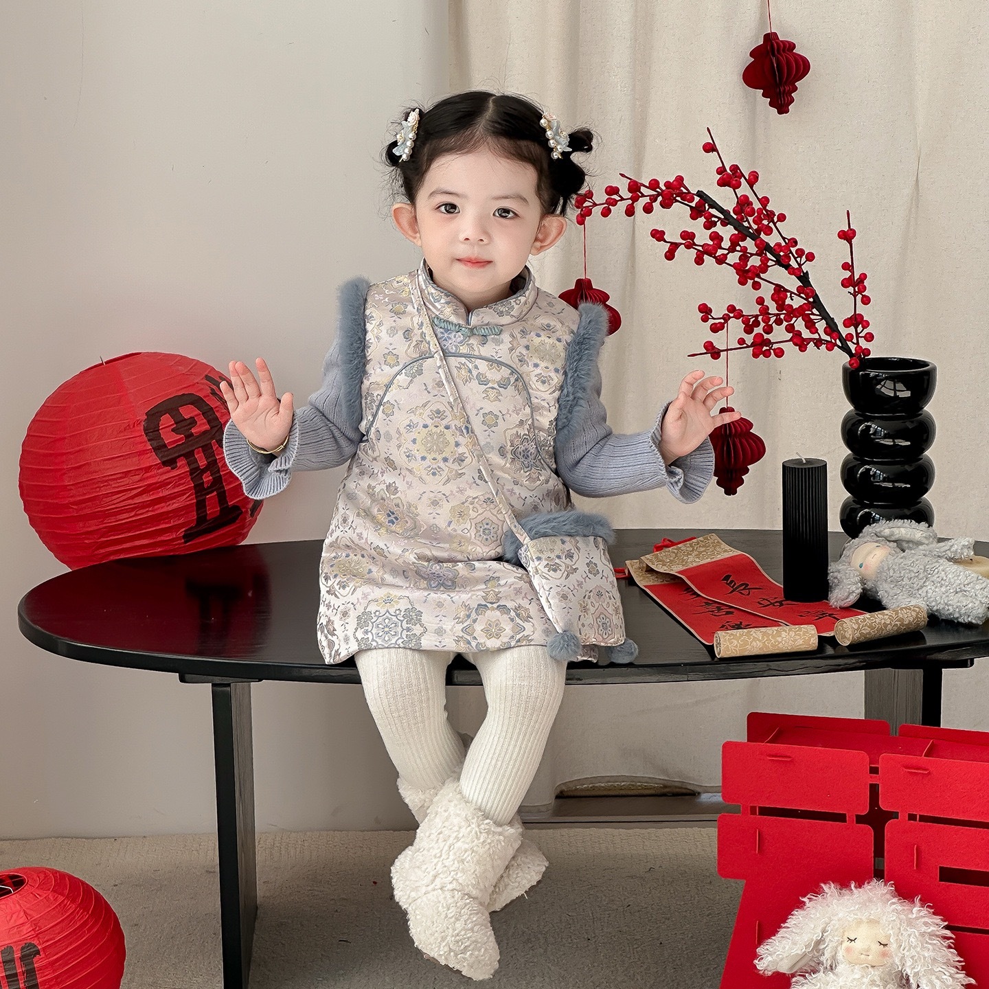 嫩嬰加絨加厚藍色碎花旗袍/內搭上衣