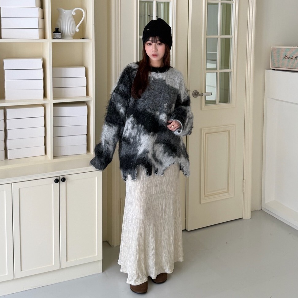 奶油水波紋鬆緊長裙