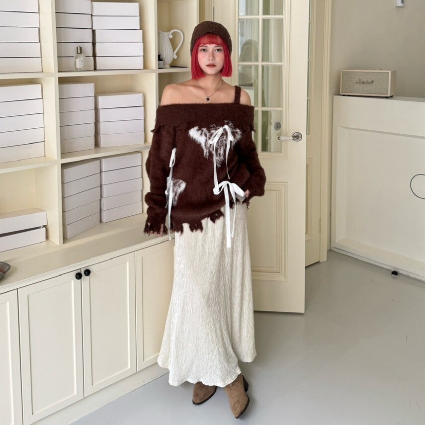 奶油水波紋鬆緊長裙